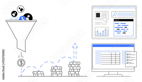 Funnel filtering users to revenue, computer screens showing data analysis, graphs, and search results. Ideal for marketing, analytics, business, e-commerce, growth finance simple landing page
