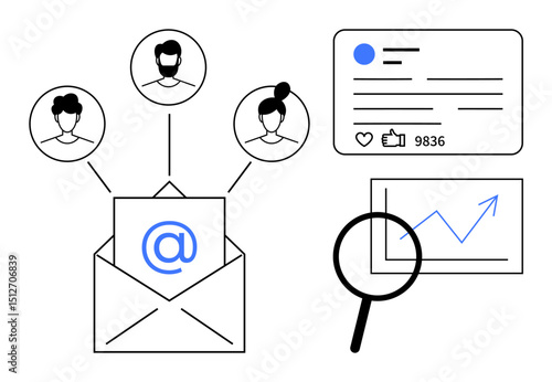 Email with recipient icons, social media card showcasing user details and thumbs ups, magnifying glass examining chart. Ideal for marketing, communication, analytics, branding, engagement, strategy