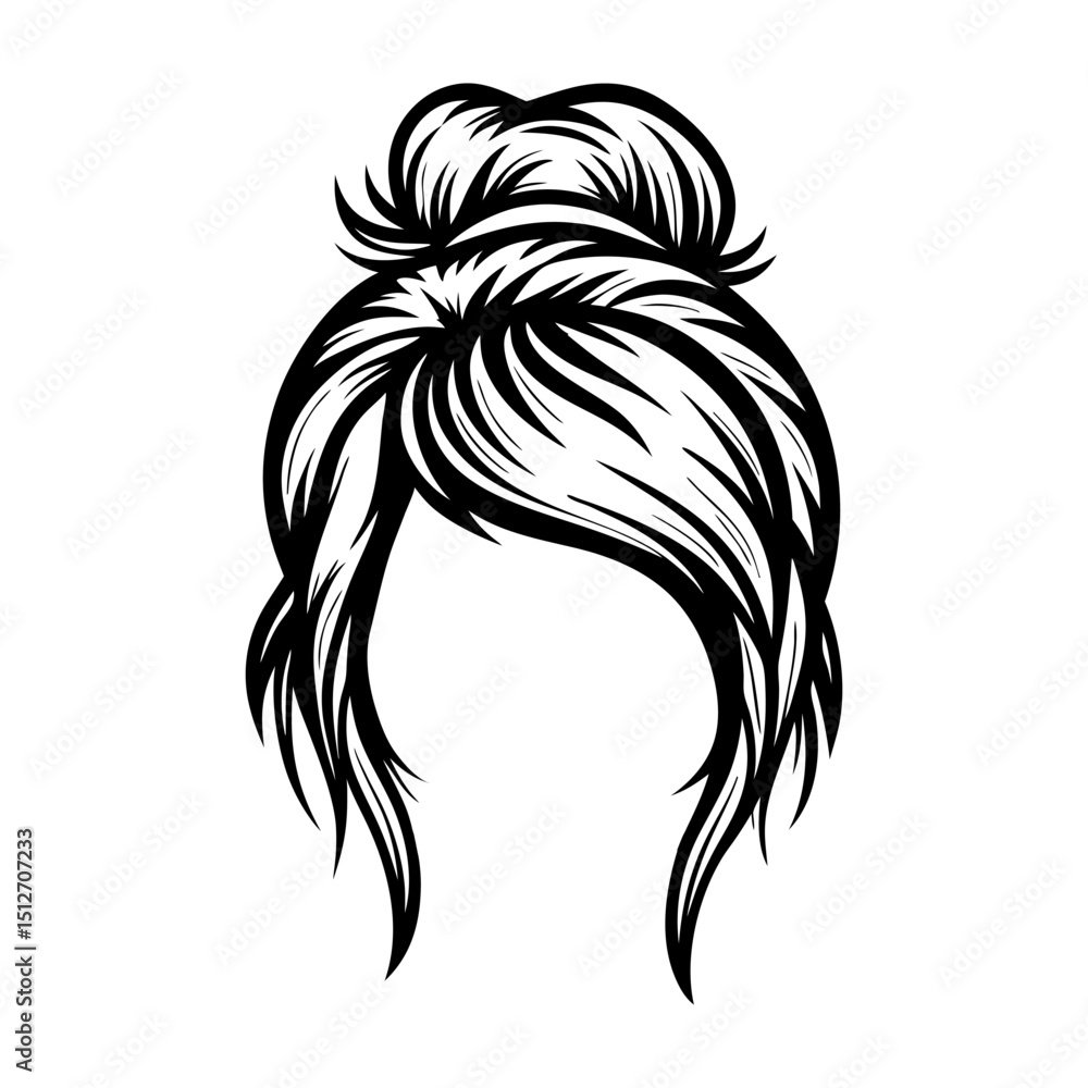 Stylish black and white illustration of a messy hair bun with flowing strands Stylish black and white illustration of a messy hair bun with flowing strands