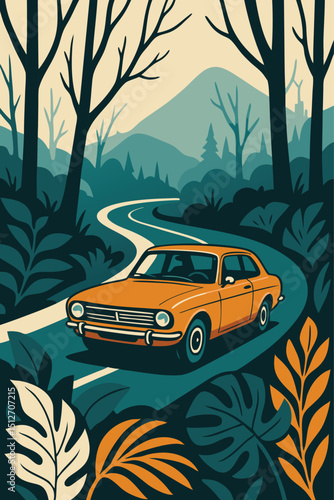 mountains and a forest car driving along a winding forest road.