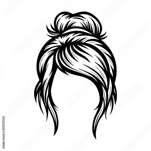 Stylish black and white illustration of a messy hair bun with flowing strands