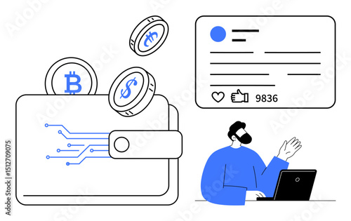 Digital wallet holding cryptocurrency coins next to a social media post with user activity. Ideal for crypto savings, digital finance, online economy, social trends, modern tech, fintech, simple
