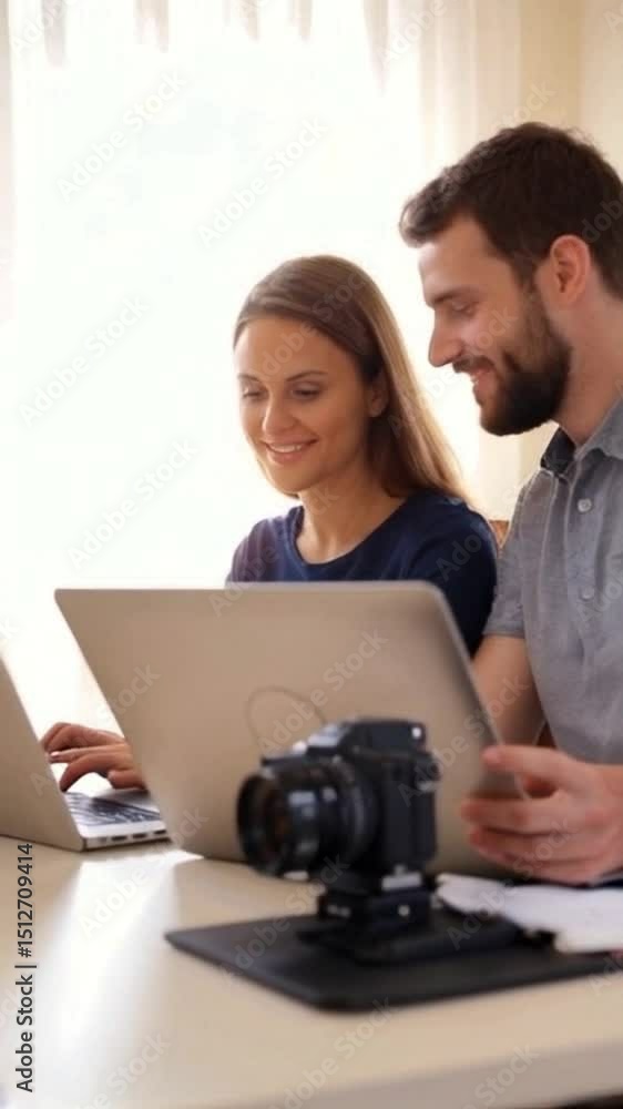 video: couple working from home on laptops, smiling, with camera video: couple working from home on laptops, smiling, with camera