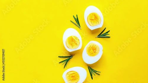 Halved boiled eggs with yolks and sprigs of rosemary on vibrant yellow background, protein-rich snack, clean eating ingredient, culinary composition, healthy food styling concept