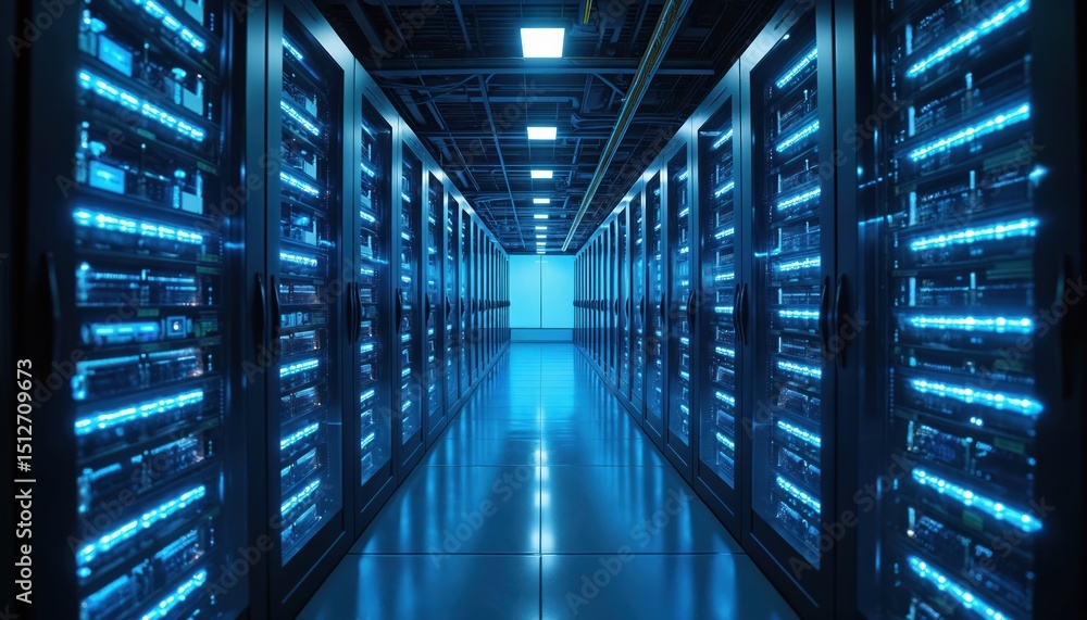 Fototapeta premium Data center server racks with glowing blue lights. Modern technology, data processing, storage, and network infrastructure. High-tech equipment, IT, and cloud computing. Cybersecurity concept.