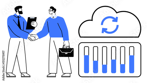 Wallpaper Mural Two professionals shaking hands, one with a clipboard and one with a briefcase, beside a cloud graphic showing data synchronization and progress bars. Ideal for collaboration, business, data sharing Torontodigital.ca