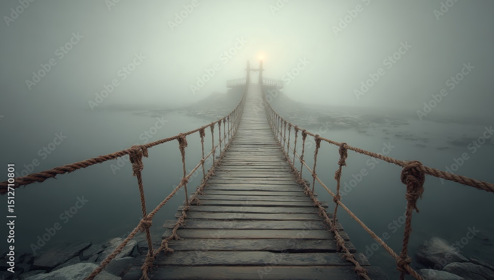 Fototapeta premium Mystical wooden suspension bridge vanishing into dense fog, cinematic view