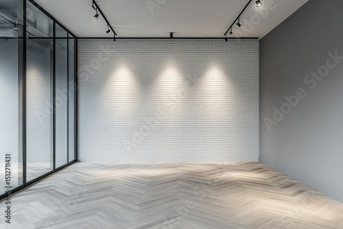 Interior with white brick textured wall, herringbone wood floor, spotlights and glass partition