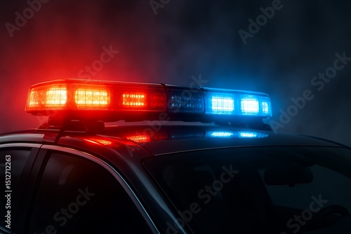 Flashing red and blue police lights on top of patrol car
