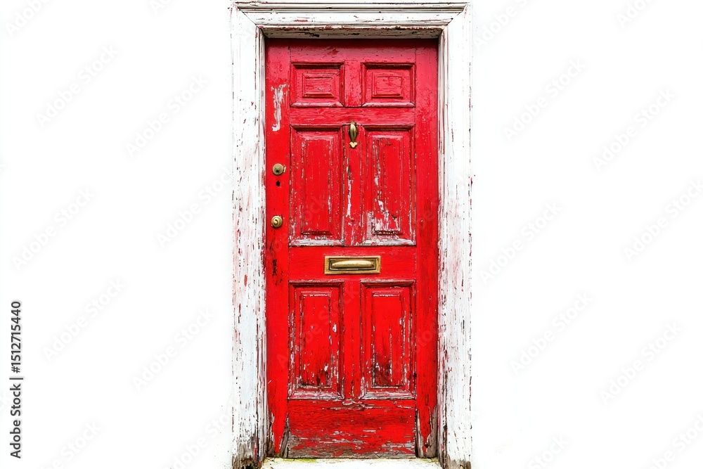 Obraz premium Weathered red door in white frame, centered