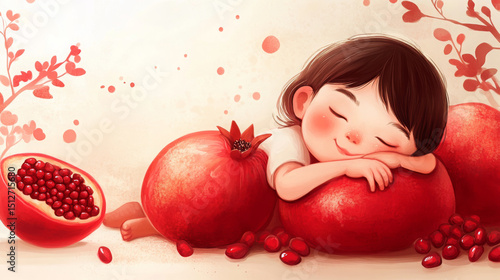 A girl is sleeping on a red fruit