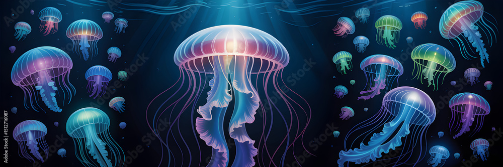 Fototapeta premium Glowing Jellyfish Underwater in Bioluminescent Blue and Turquoise Ocean Scene