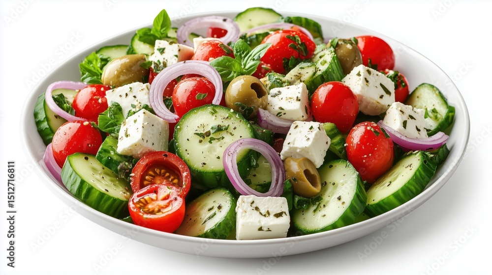 Fresh Greek salad with juicy tomatoes, cucumbers, feta cheese, red onion, and olives in a bowl Fresh Greek salad with juicy tomatoes, cucumbers, feta cheese, red onion, and olives in a bowl