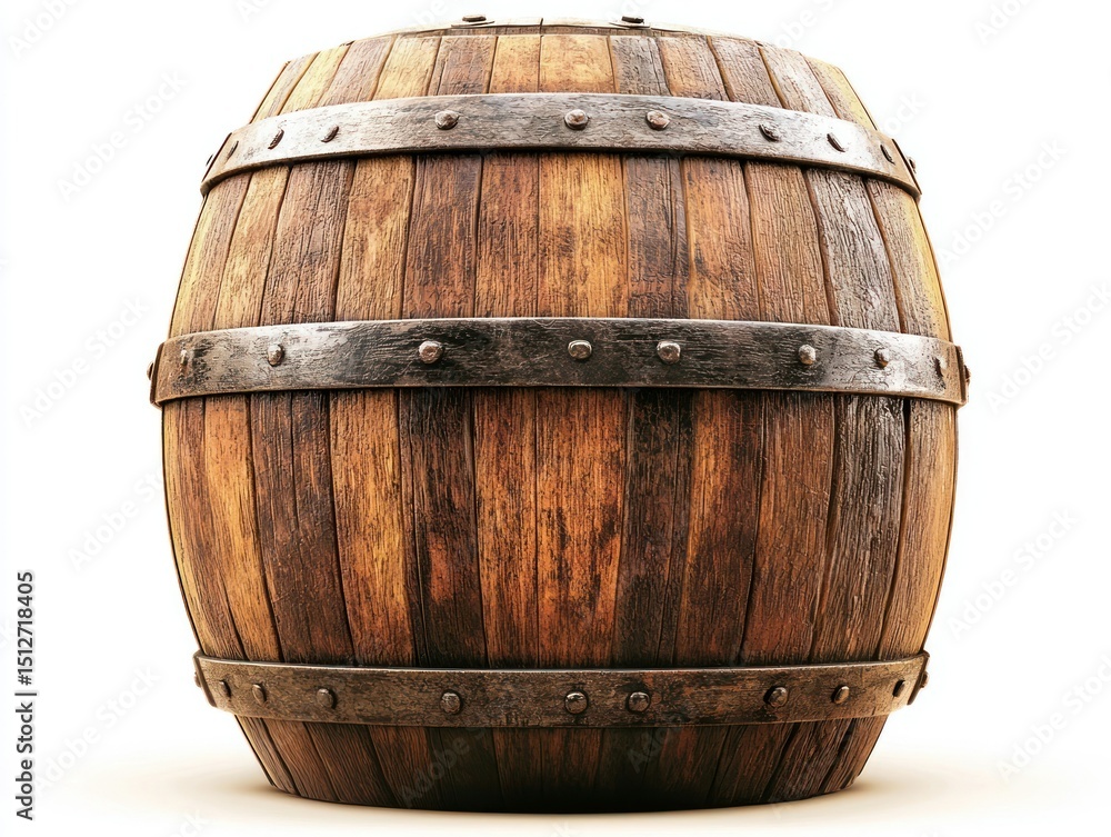 Fototapeta premium Wood barrel with metal hoops, detailed texture