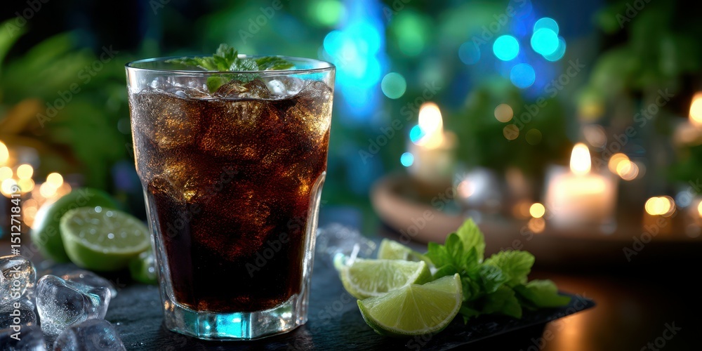 Refreshing drink with mint and lime in a cozy setting at night Refreshing drink with mint and lime in a cozy setting at night