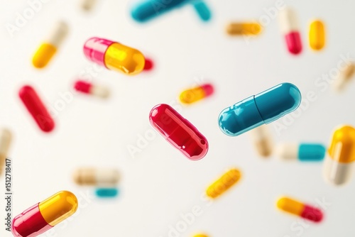 Wallpaper Mural A group of different-colored antibiotic pill capsules in motion, falling at varying speeds to represent the wide array of medical solutions. Torontodigital.ca