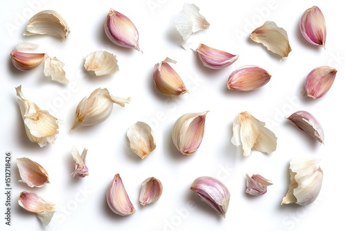 A group of garlic cloves in various stages of peeling, some fully exposed while others retain part of their papery covering