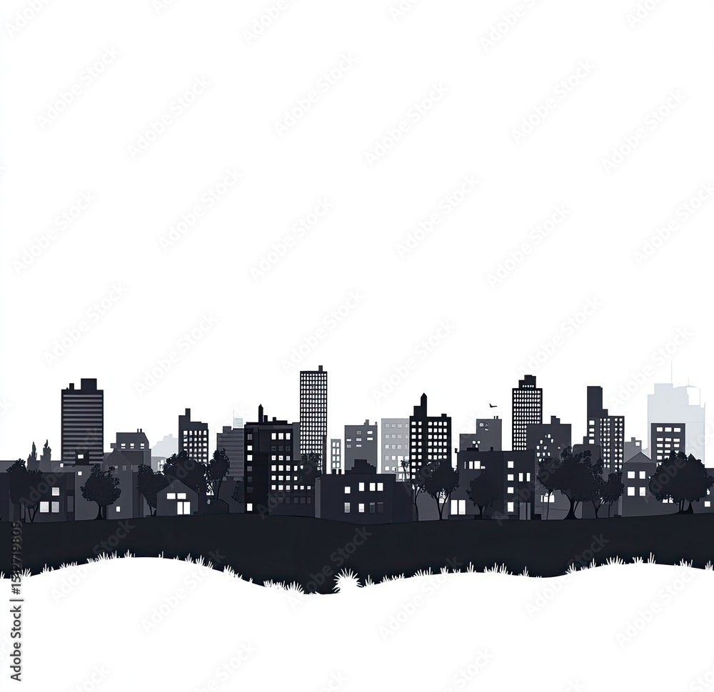 Naklejka premium Silhouetted urban skyline with trees, buildings and white color background design