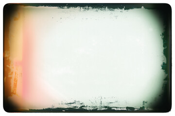 Vintage photo film frame template with dust, splatters, blurred edges, red glare and rounded corners on transparent background. Template for design, vintage film effects, and light leak