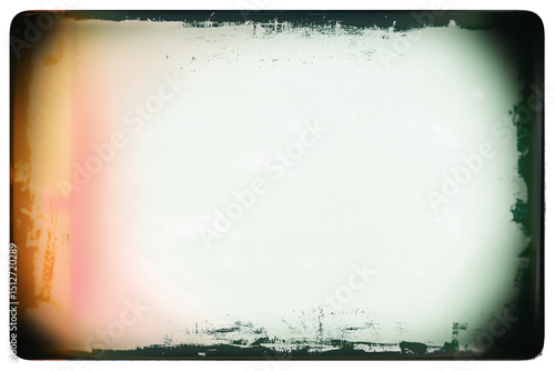 Vintage photo film frame template with dust, splatters, blurred edges, red glare and rounded corners on transparent background. Template for design, vintage film effects, and light leak