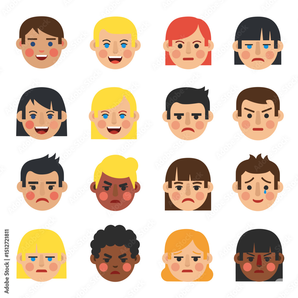 Emotions Collection: A collection of diverse human faces each expressing a unique emotion, representing a spectrum of feelings with simplicity and impact. Emotions Collection: A collection of diverse human faces each expressing a unique emotion, representing a spectrum of feelings with simplicity and impact.