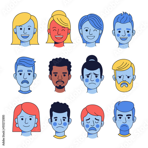 Variety of Expressions: A curated collection of diverse illustrated portraits displaying a spectrum of human expressions, celebrating individuality and emotional range in a simplistic graphic style.
