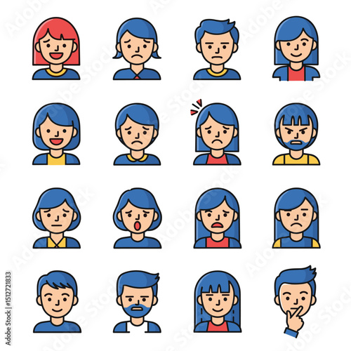 Variety of Human Expression: A mosaic of emotions, from elation to introspection, unfolds through a set of vibrant and stylized human avatars, embodying a spectrum of feelings.