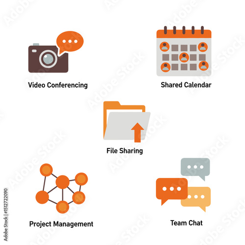 Digital Workplace Tools: Simple icons representing key digital workplace tools, like video conferencing, shared calendar, file sharing, project management and team chat.