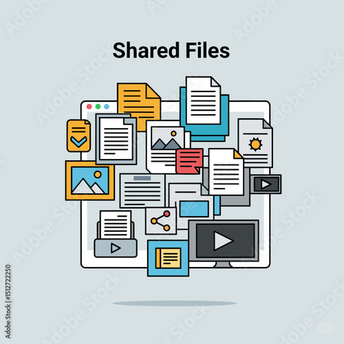 Shared Files: Digital workspace showing shared file concept with document, data and cloud.