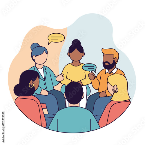 Group Therapy Session: An illustrated scene of individuals engaged in a therapeutic session, fostering open dialogue and mutual support.
