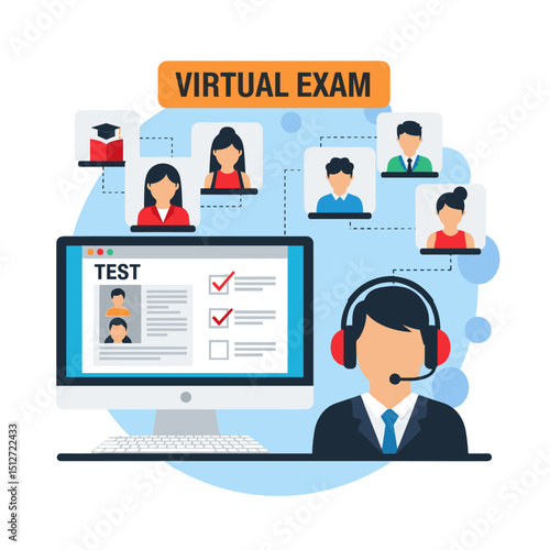 Virtual Examination: A digital scene illustrating a virtual examination, where a computer displays the exam interface and avatars of students engage in a remote test-taking scenario.