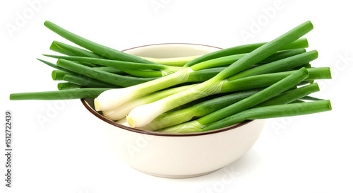 Bowl of Fresh Green Onions on White Background