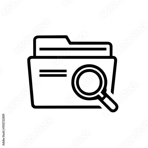 Minimal line art icon of a folder with a magnifying glass symbol representing file search functionality