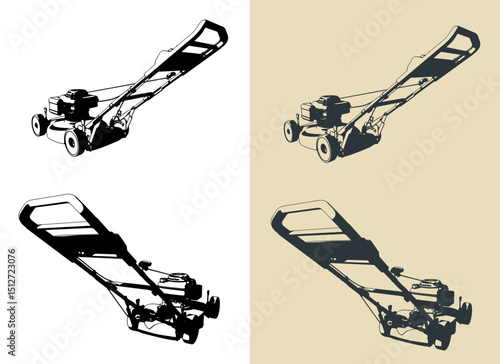 Hand push self-propelled lawn mower illustrations