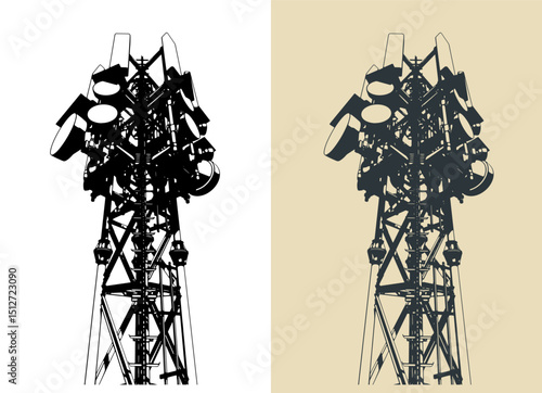 High telecommunications tower close-up illustrations