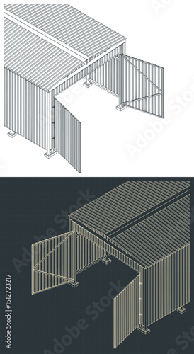 Steel industrial shed isometric blueprints close-up