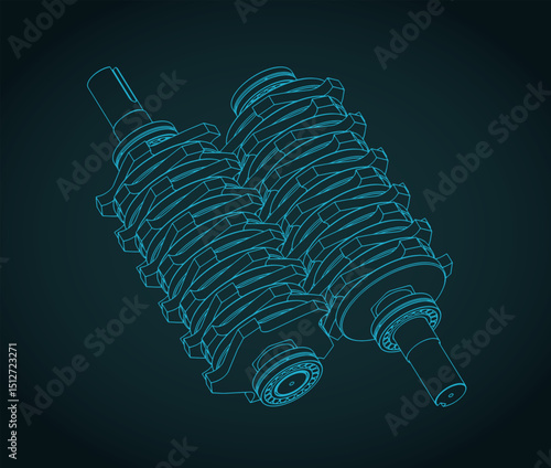 Two shaft shredder blades isometric blueprint