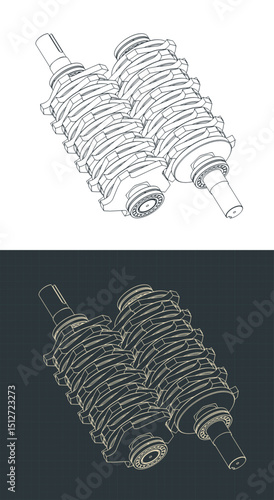 Two shaft shredder blades isometric blueprints