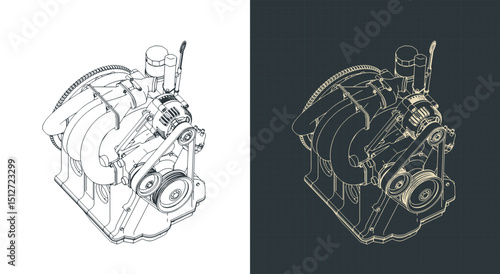 Wankel rotary engine isometric blueprints illustrations