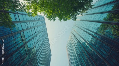Worms eye view of green foliage and glass skyscraper under blue sky in daytime