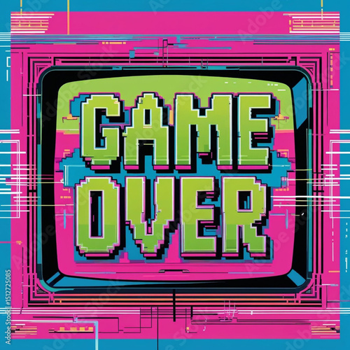 Retro game over screen illustration pixel art design for arcade gaming and nostalgic video game culture