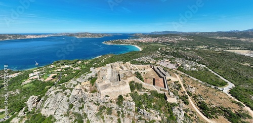 Aerial view of the Palau area in Costa Smeralda, Gallura, facing the la Maddalena archipelago in the northeast of the island of Sardinia