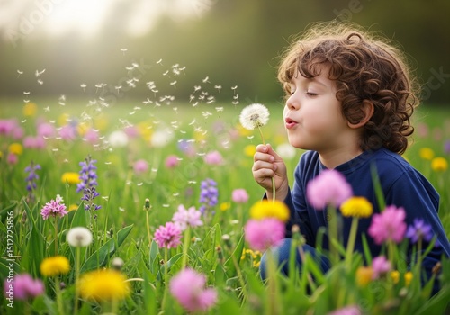 Springtime Magic: Young Child Blowing Dandelion Wishes in a Flower Meadow