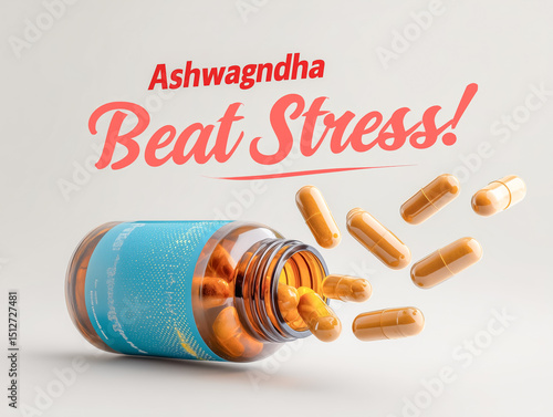Spilling out of a bottle, ashwagandha supplement capsules highlight their potential for alleviating stress and promoting relaxation, embodying a natural remedy for anxiety and wellness.