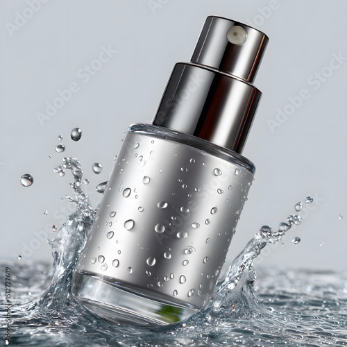 Silver cosmetic bottle in water splash