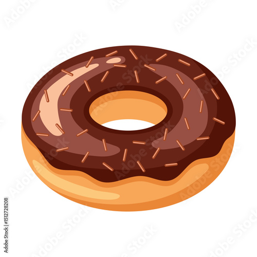 Cartoon-style donut with rich chocolate glaze and brown sprinkles. Tasty, sweet, appetizing and colorful dessert icon isolated on white background. Flat vector.