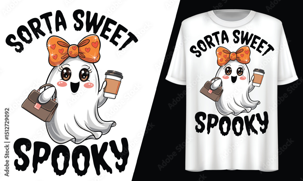 Cute Ghost with Bow, Purse, and Coffee, T-Shirt Design. Cute Ghost with Bow, Purse, and Coffee, T-Shirt Design.