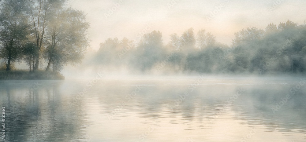 Fototapeta premium Misty Lake Reflection: Trees Silhouetted in Morning Fog, Calm Water Surface