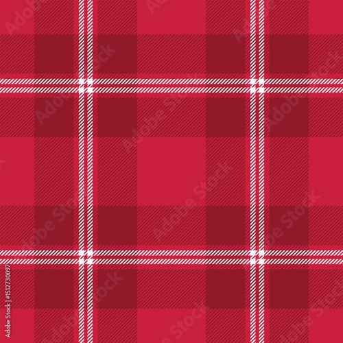 Classic red plaid pattern with crisp white lines. Evokes warmth, comfort and festive feelings. Ideal for backgrounds, textiles, and holiday themes.