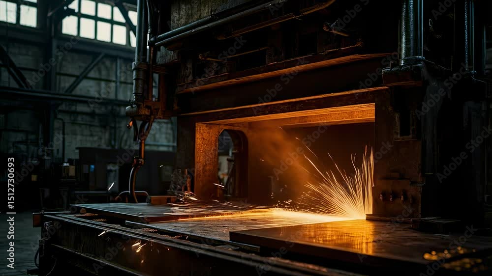 Metal Forging with Sparks in Industrial Factory Metal Forging with Sparks in Industrial Factory